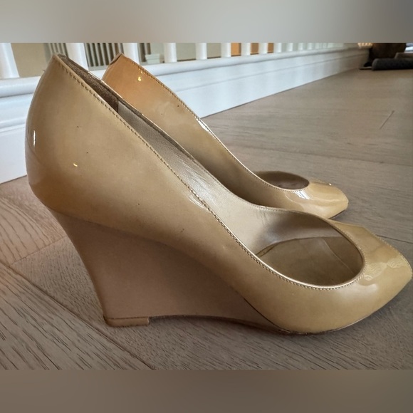 Jimmy Choo Shoes - Jimmy Choo Baxen Patent Peep-Toe
Wedge Pump size 37.5 Beige color